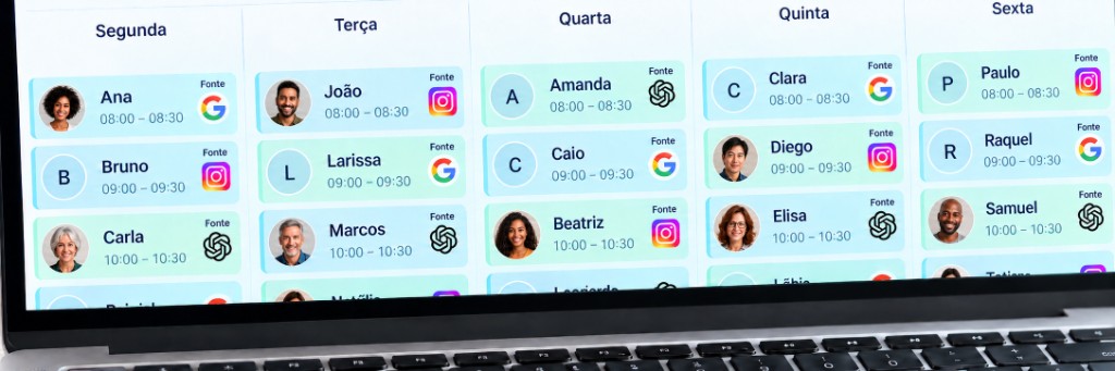 Agenda da semana com pacientes e a origem de cada contato: Google, Instagram e ChatGPT.