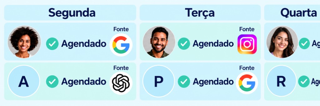 Agenda da semana com pacientes e a origem de cada contato: Google, Instagram e ChatGPT.