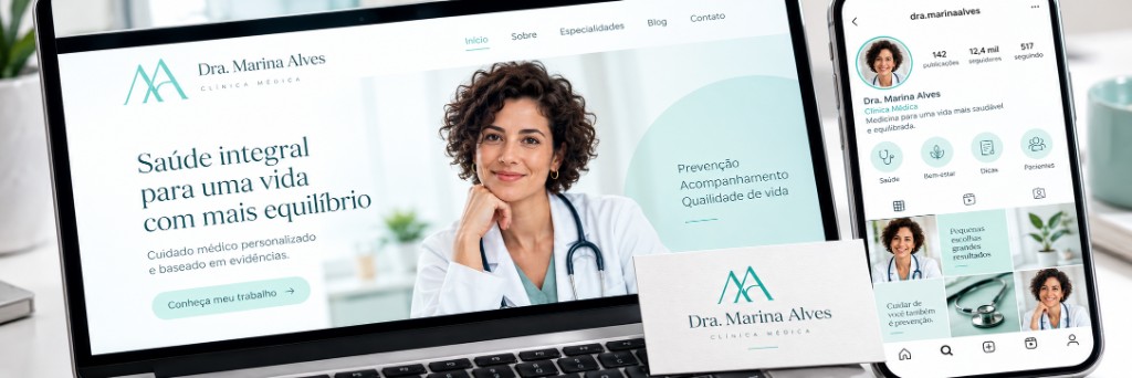 Site, Instagram e cartão da Dra. Marina Alves com a mesma identidade visual.