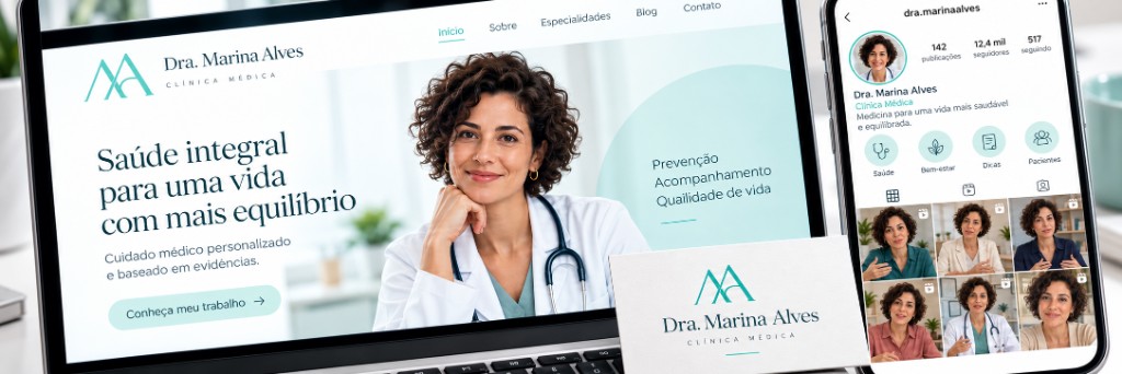 Site, Instagram e cartão da Dra. Marina Alves com a mesma identidade visual.