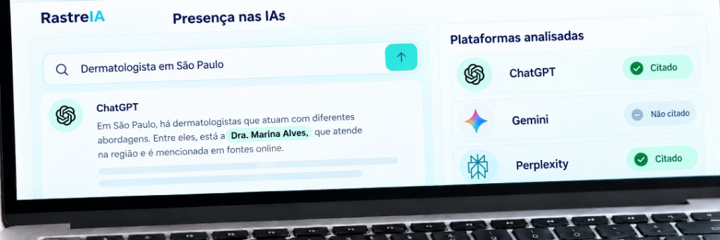 RastreIA mostrando se o nome da Dra. Marina Alves aparece nas respostas do ChatGPT, Gemini e Perplexity.