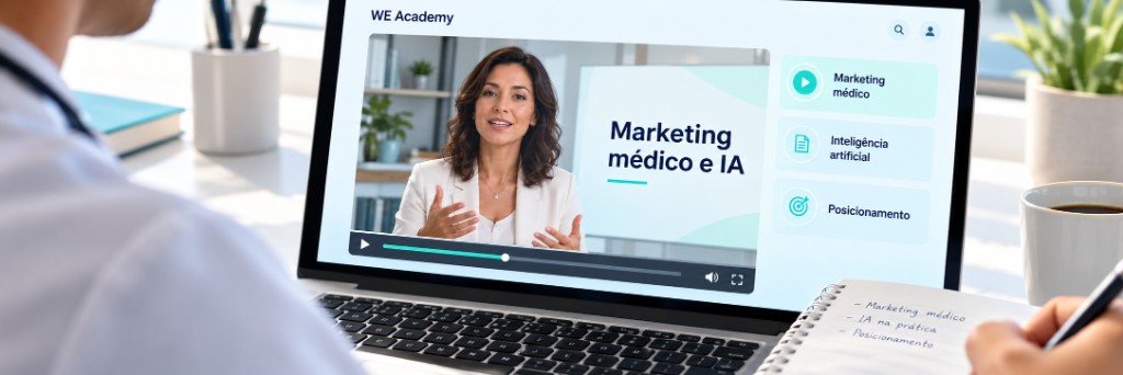 Aula da WE Academy sobre marketing médico e inteligência artificial, com os temas marketing médico, inteligência artificial e posicionamento.