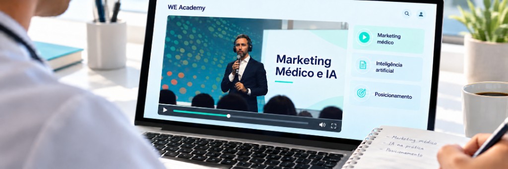 Aula da WE Academy sobre marketing médico e inteligência artificial, com os temas marketing médico, inteligência artificial e posicionamento.