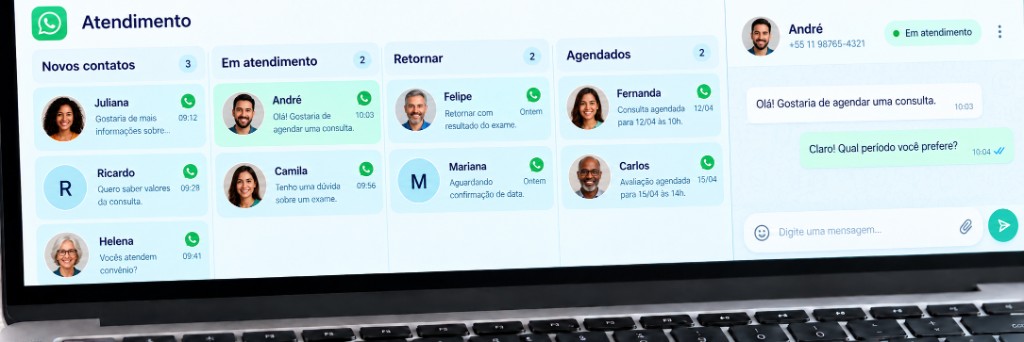 Painel de atendimento no WhatsApp com novos contatos, conversas em andamento, retornos e agendamentos.