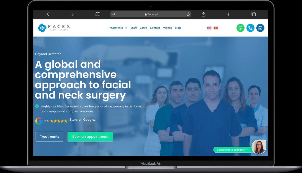 MacBook mockup of the Faces Facial Surgery website at faces.pt, designed by WE Digital Marketing